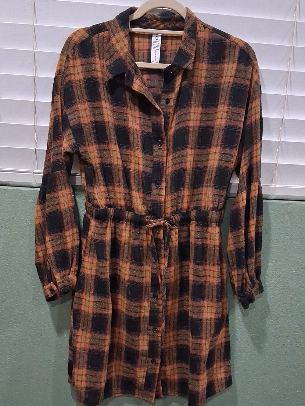 Amazon Women's Long-Sleeve Plaid Shirt Dress in Orange and Black
